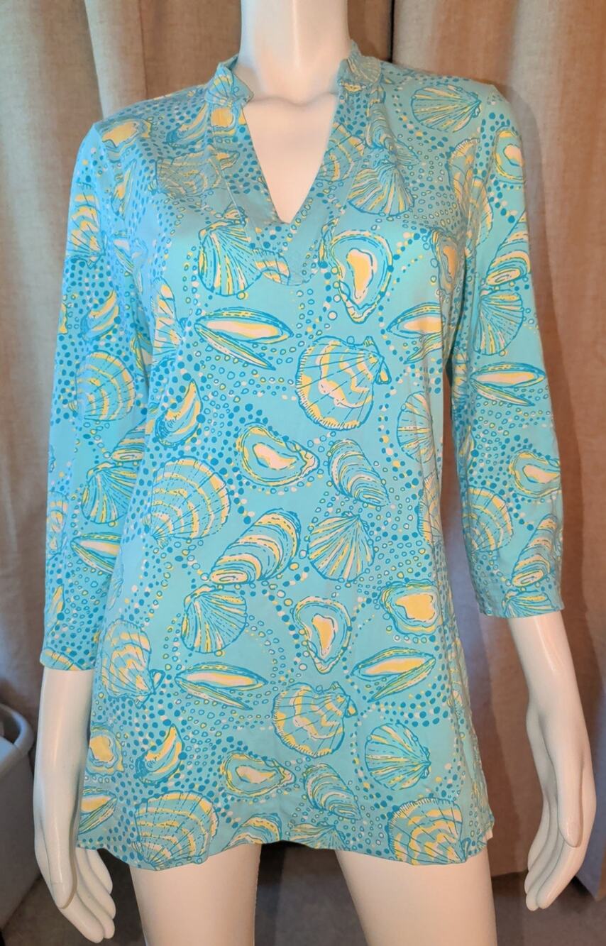 Lilly Pulitzer Turquoise Blue Seashell Oyster Print Knit Tunic Top Size S Beach